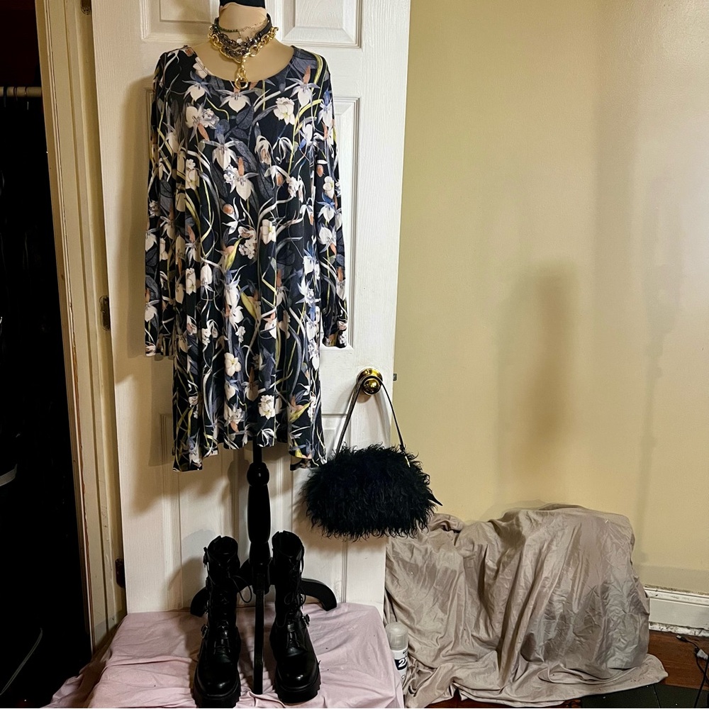 Floral Drape Rayon Long Sleeve‎ Stretch Mini 90s Style Grunge Babydoll Dress XL